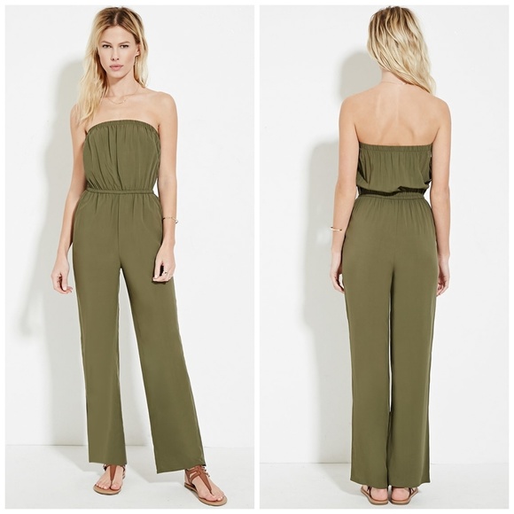 Forever 21 Pants - Forever 21 Olive Green Strapless Jumpsuit M8